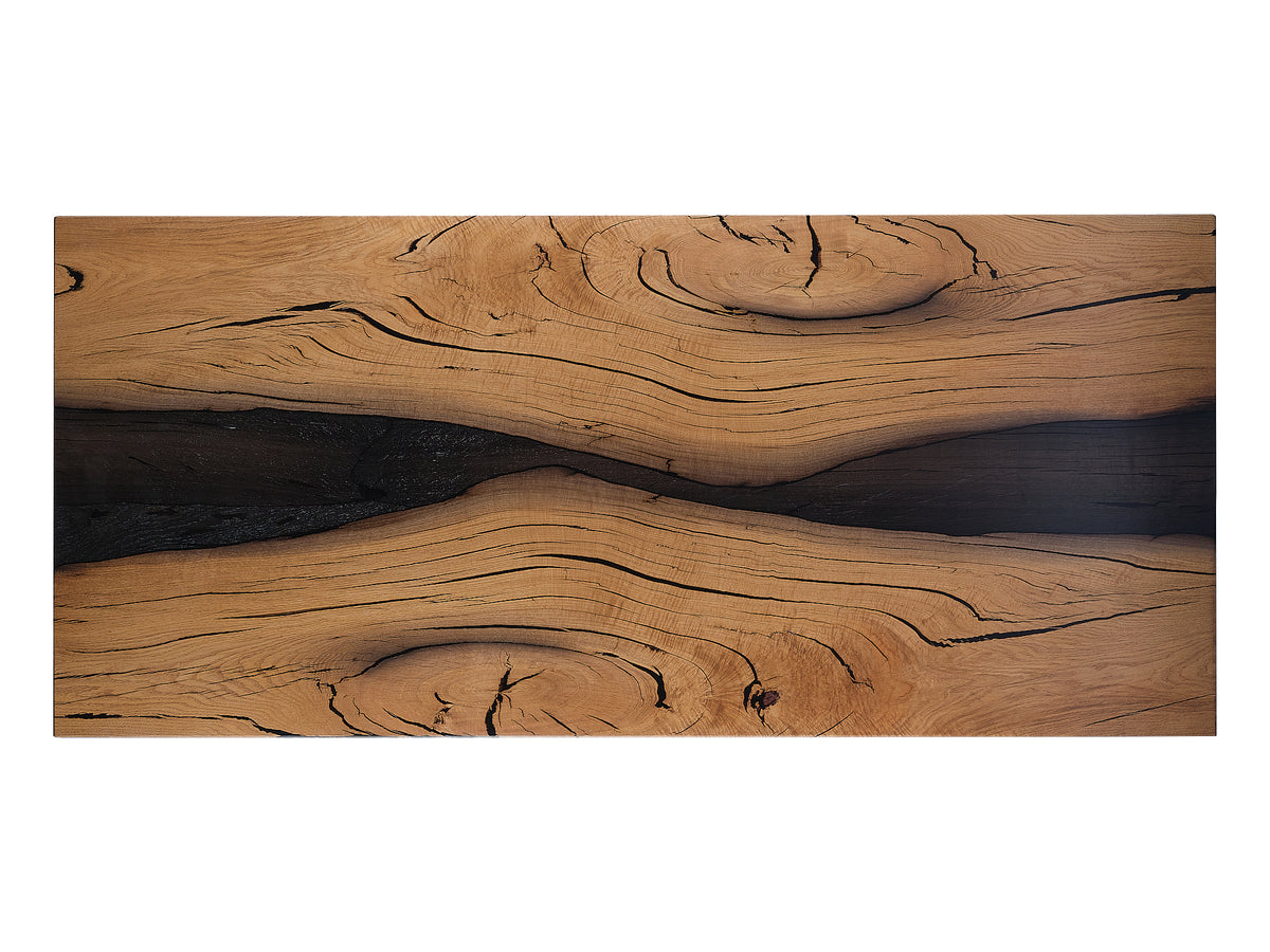 Bog Oak Dining Table - Top View. Uncover the captivating details of the Bog Oak wood, chosen for its natural durability and timeless beauty, adding luxury to your home.