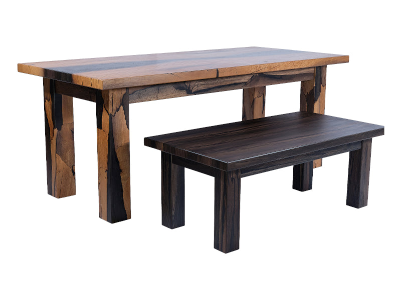 Bog Oak Amazing Sets collection image. Shows dining and coffee tables with wooden legs. Side-view.