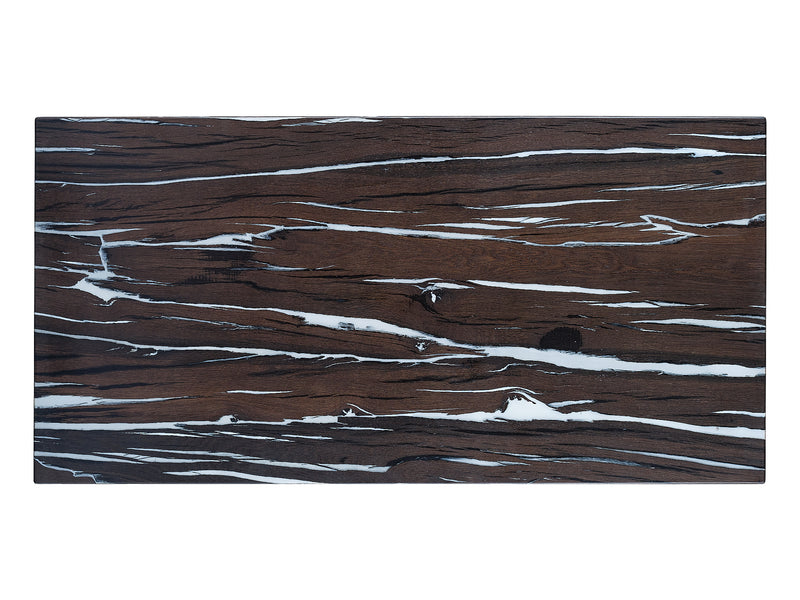 The 'Espresso with Milk' Bog Oak coffee table, top view. Revealing the intricate pattern and exquisite craftsmanship of the Bog Oak wood and the captivating milk-colored inlays.