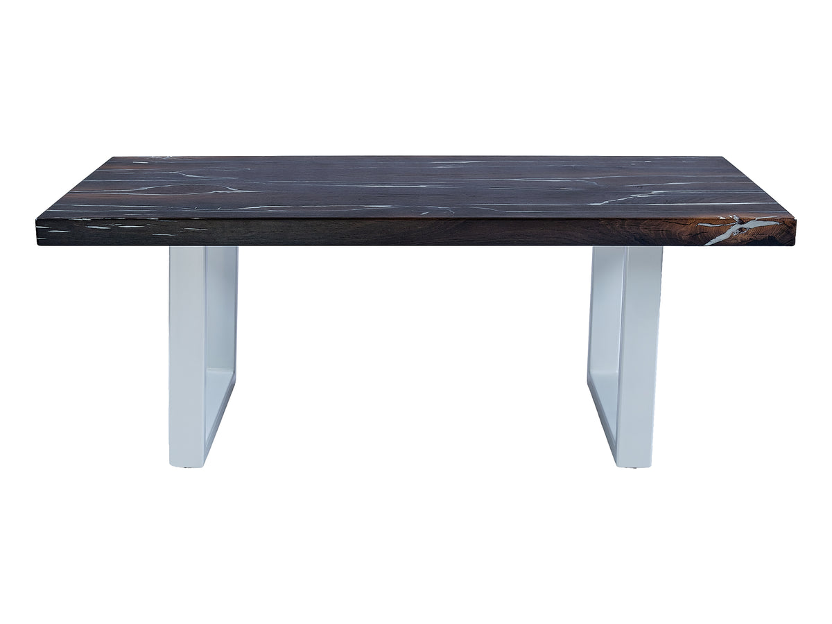 Contrasting Charm: Black Bog Oak & White Epoxy coffee table, front view. Marvel at the striking contrast between the dark Bog Oak wood and the elegant white epoxy accents.