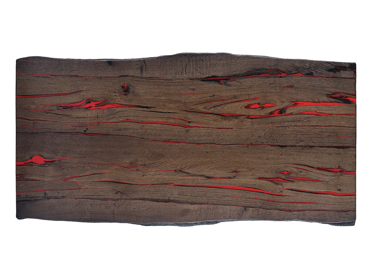 The Red Symphony: A Unique Bog Oak coffee table, top view. Revealing the stunning red patterns and the careful arrangement of the Bog Oak wood, presenting a captivating visual symphony. Natural edges.