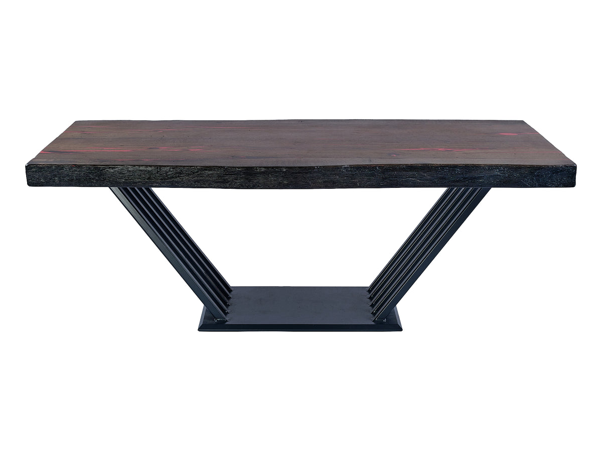 The Red Symphony: A one-of-a-kind Bog Oak coffee table, front view. An artistic masterpiece blending vibrant red hues and intricate woodwork, meticulously handcrafted from rare Bog Oak wood.