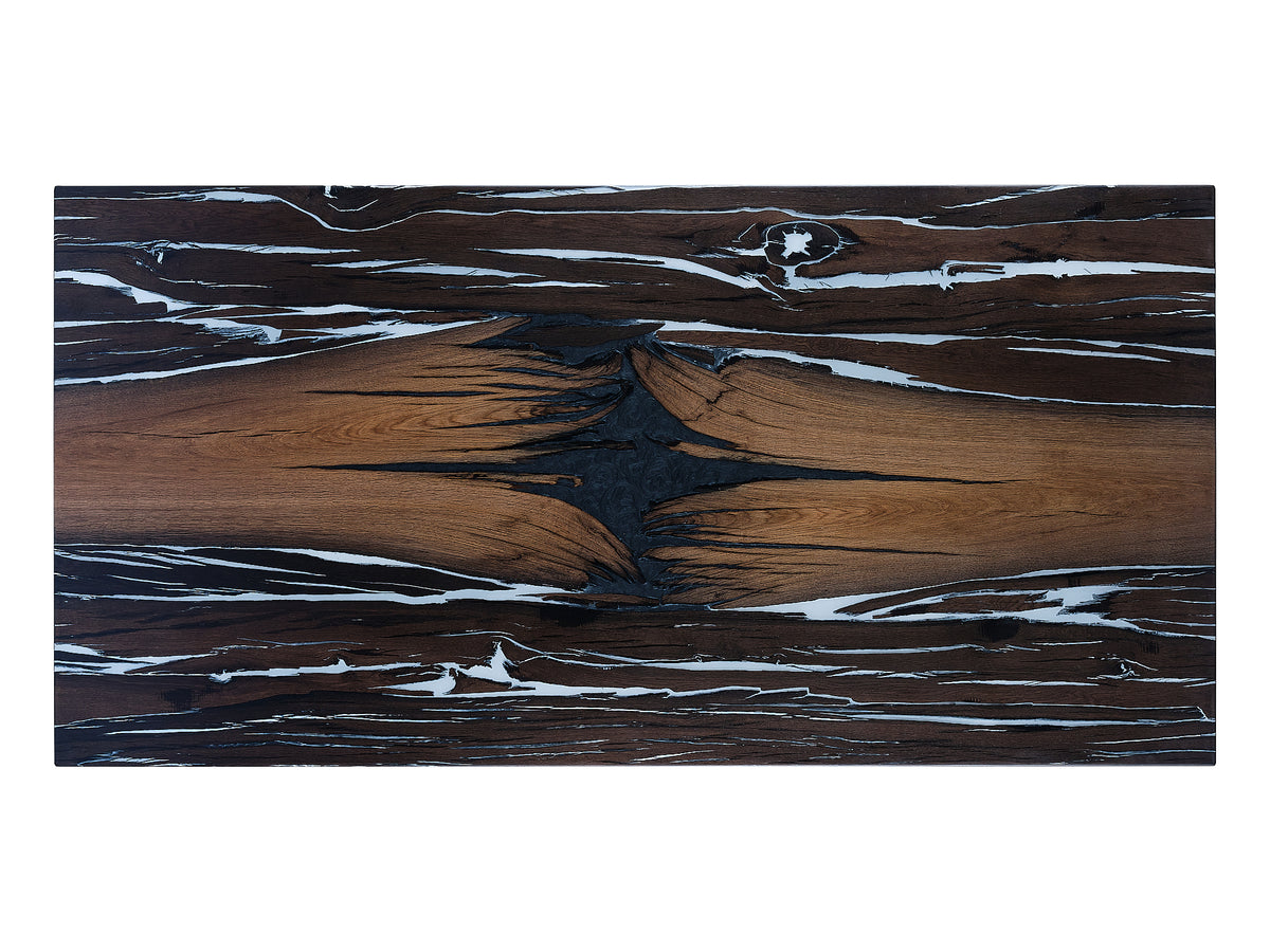 Uniquely Elegant Bog Oak Dining Table with White & Pearlescent Black Epoxy, top view. Uncover the artistic patterns and the enchanting contrast between the Bog Oak and epoxy elements.