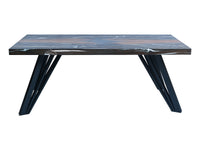 Uniquely Elegant Bog Oak Dining Table with White & Pearlescent Black Epoxy, front view. Admire the exquisite elegance of this one-of-a-kind dining table, featuring a stunning blend of Bog Oak wood and white & pearlescent black epoxy accents.