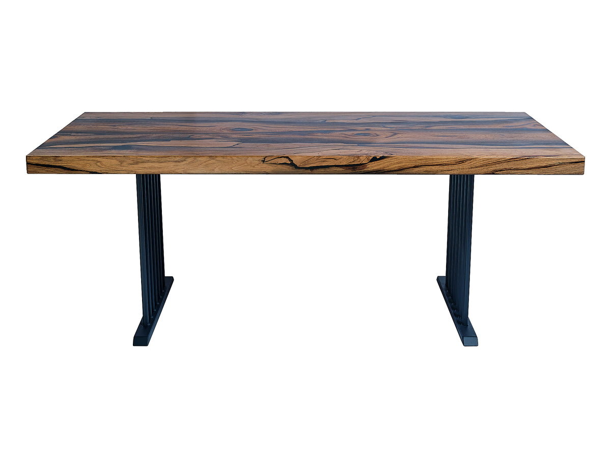 Bog Oak Dining Table - Rare Fossil Wood Handcrafted Masterpiece, front view. Admire the exceptional beauty of this dining table, handcrafted from rare and ancient Bog Oak fossil wood.