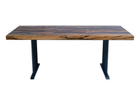 Bog Oak Dining Table - Rare Fossil Wood Handcrafted Masterpiece, front view. Admire the exceptional beauty of this dining table, handcrafted from rare and ancient Bog Oak fossil wood.